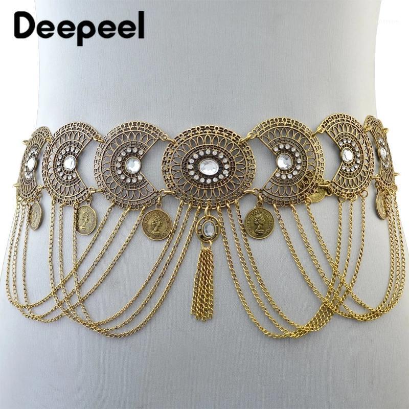 

Deepeel 1pc 5cm*94cm Women Metal Hollow Vintage Carved Cummerbund Tassel Rhinestone Decorative Waist chain for Belly dance CB6021, Silver