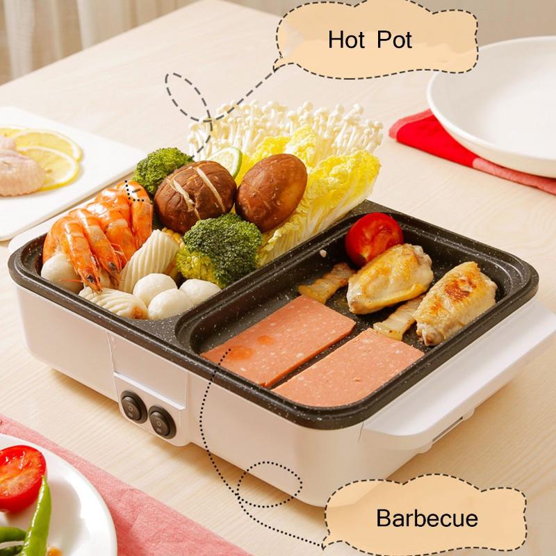 

1200W 220V 2 in 1Mini Electric Cooking Pot Machine Multi Cooker Barbecue Pan Hot Pot Portable Non-Stick BBQ Heating Pan