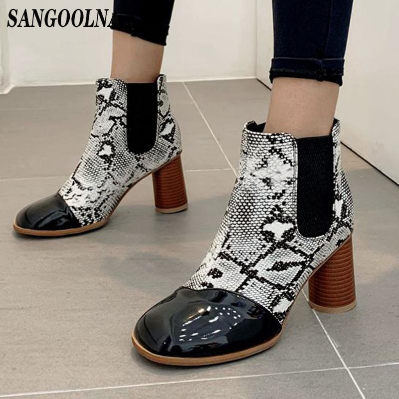 

Patchwork Boots Square Heel Women Boots Shoes 2020 High Heels Winter Women Pumps Slip-on Ladies Shoes Botte Femme, Brown