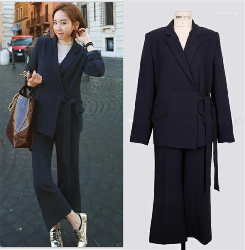 

Women Business Suits Ladies Twotwin Style Korean Casual Blazer Pants Sets Fall Elegant Office Blazer Set Fashion Jacket Suits1, Navy blue