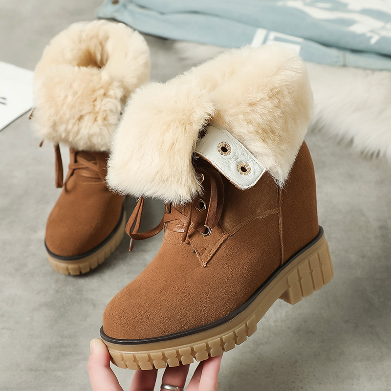 

2020 Snowboots of Winter Wool Cow Suede Leather Boots with Women's Skin Hot Height Growing Ankle Pad Vctl, Light brown
