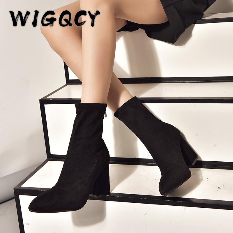 

Ankle Boots Autumn Pointed Toe Stretch Knitting Sock Boots High Heels Female Slip on Fashion Zipper Lady Shoes Plus Size 43, Black