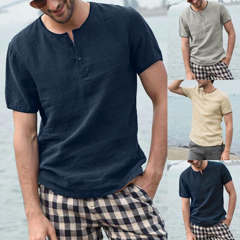 

2020 Summer Men Baggy Solid Cotton Linen Short Sleeve Button Plus Size Shirt Tops Blouse hawaiian streetwear camisa masculina, Gray