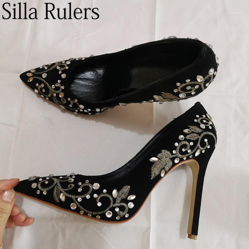 

Silla Rulers Sexy Black gold wire silver thread Embroidery high heel pumps shoes women pointed toe crystal Shallow mouth shoes1