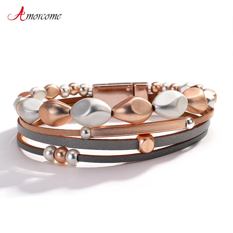 

Amorcome Europe Style Metal Geometric Beads Bracelets Slim Leather Wrap Bracelet with Magnetic Buckle Female Jewelry Gift