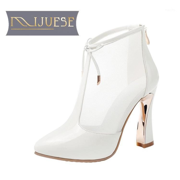 

MLJUESE 2021 women Ankle boots Cow leather Winter short plush Pointed Toe Cutouts Super High heels female boots size 401, White