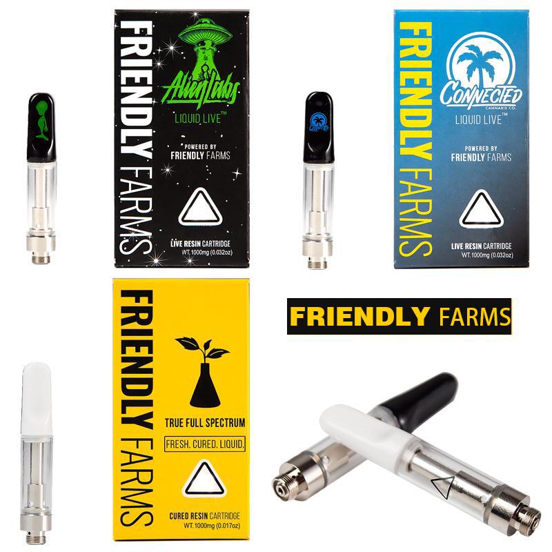 

New Friendly Farms Vape Cartridges 1ml Empty Ceramic Coil 0.8ml Pyrex Glass tanks Thick Oil Ceramic Carts Raw Moxie Garden packaging box