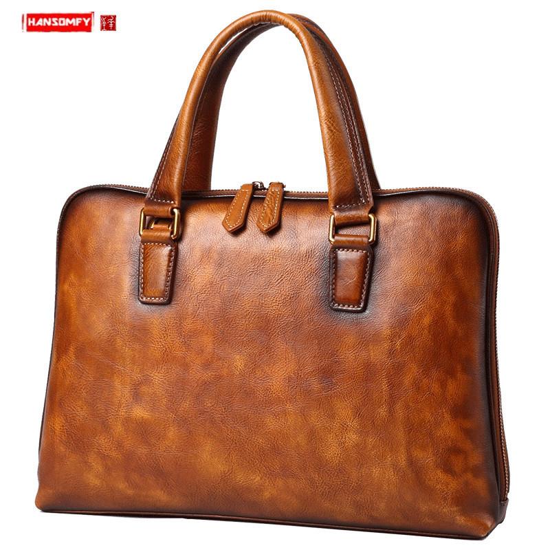 

Genuine Leather Men's Handbags Casual Business Men Briefcase Computer Bag European and American Shoulder Messenger Bags Tide, Black
