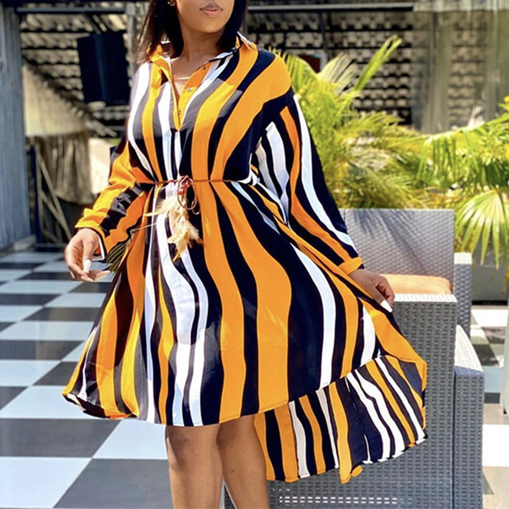 

2021 Striped Yellow Spring Shirt Asymmetrical Female African Fashion Designer Long Hem to Midi Casual Office Dresses I5z4