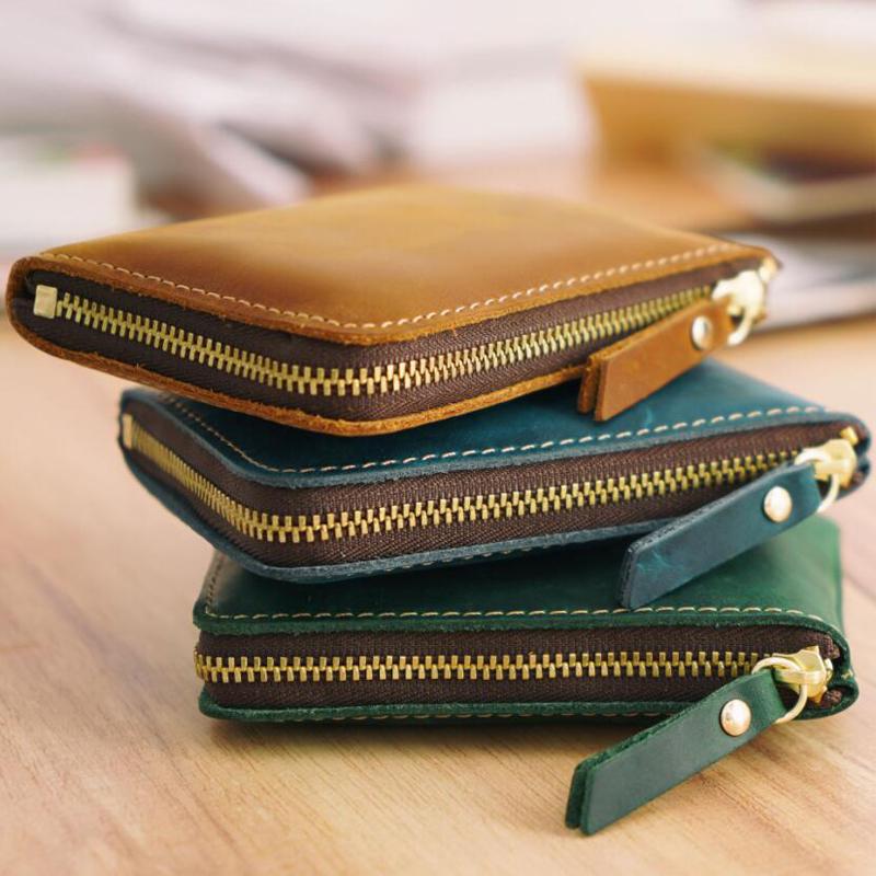 

Crazy Horse Leather Men's Wallet Genuine Leather Handmade Men Short Wallet Women Card Id Holder Coin Purse Travel, Black