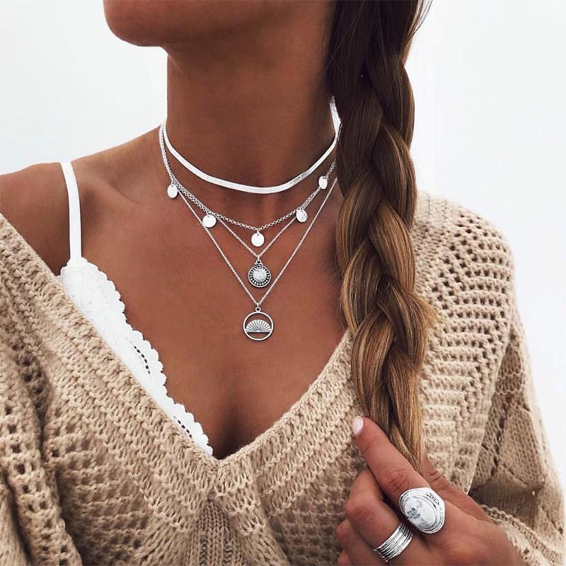

Fashion Jewelry Multilayer Circle Pendants Necklaces For Woman 2020 New Snake Chain Simple Crystal Summer Choker Necklace Female