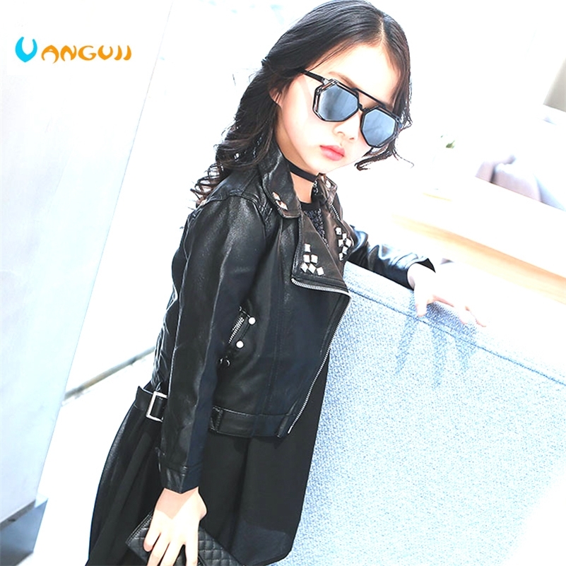 

girls spring jacket 2-7 years old girls jackets fashion PU jacket lapel coat Metal rivets motorcycle leather belt kids jackets LJ201128, Black