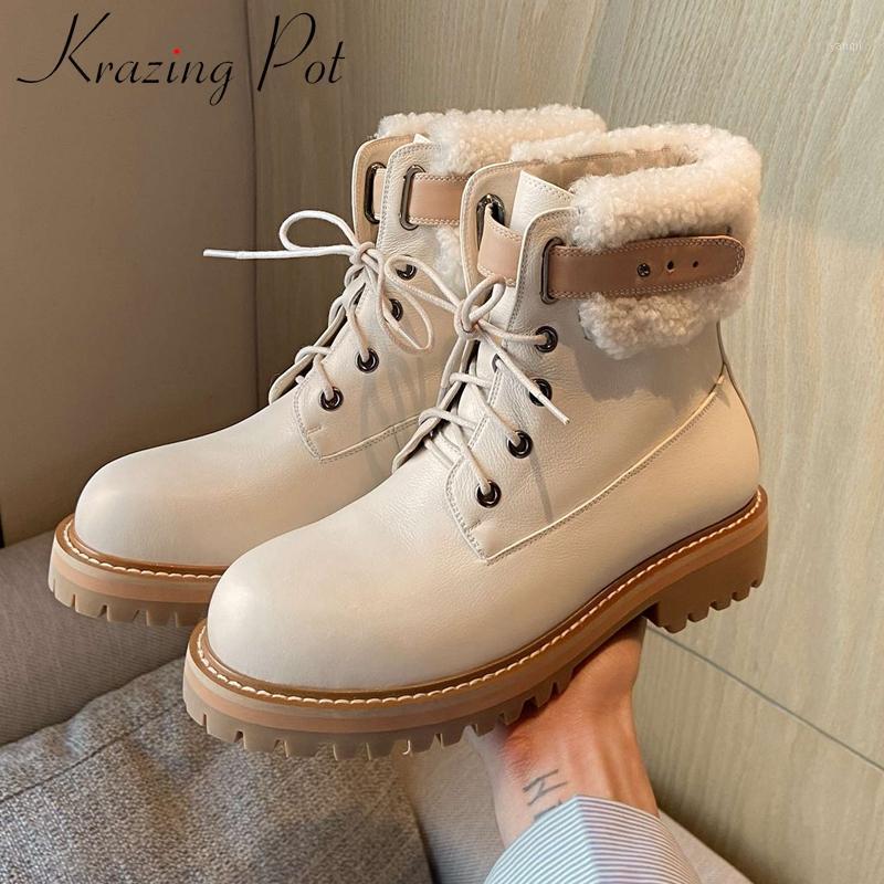 

Krazing Pot snow boots genuine leather belt buckle sewing all-match round toe thick med heel lace up keep warm ankle boots L711, Black