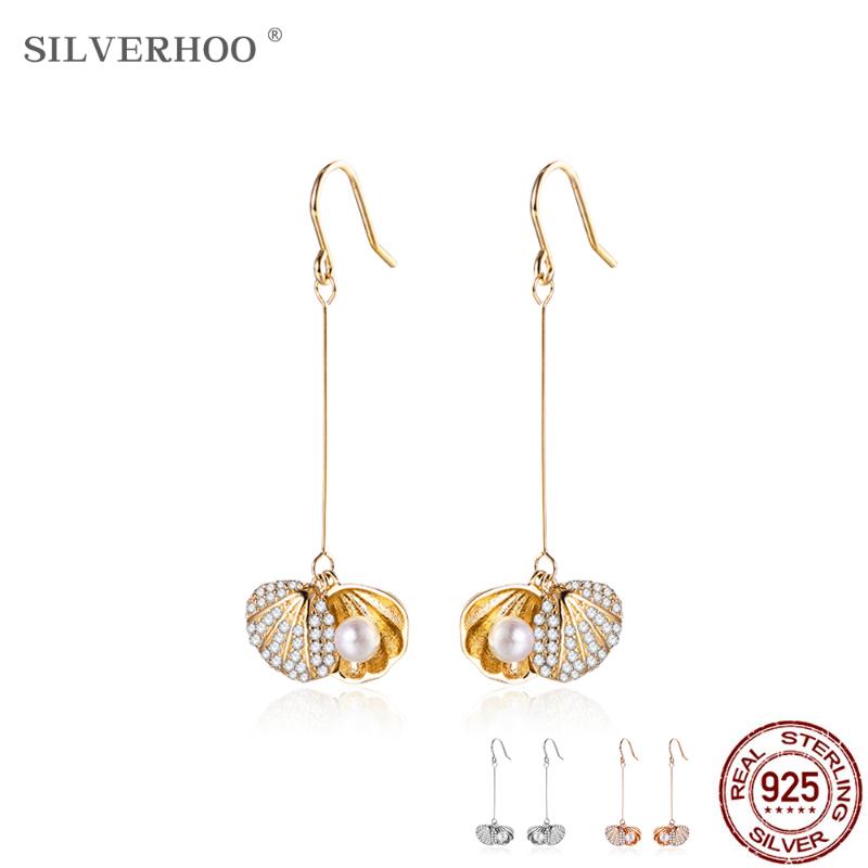

SILVERHOO 925 Sterling Silver Shell & Pearl Earrings For Women Shiny Cubic Zirconia Drop Earring Elegant Female Party Jewelry
