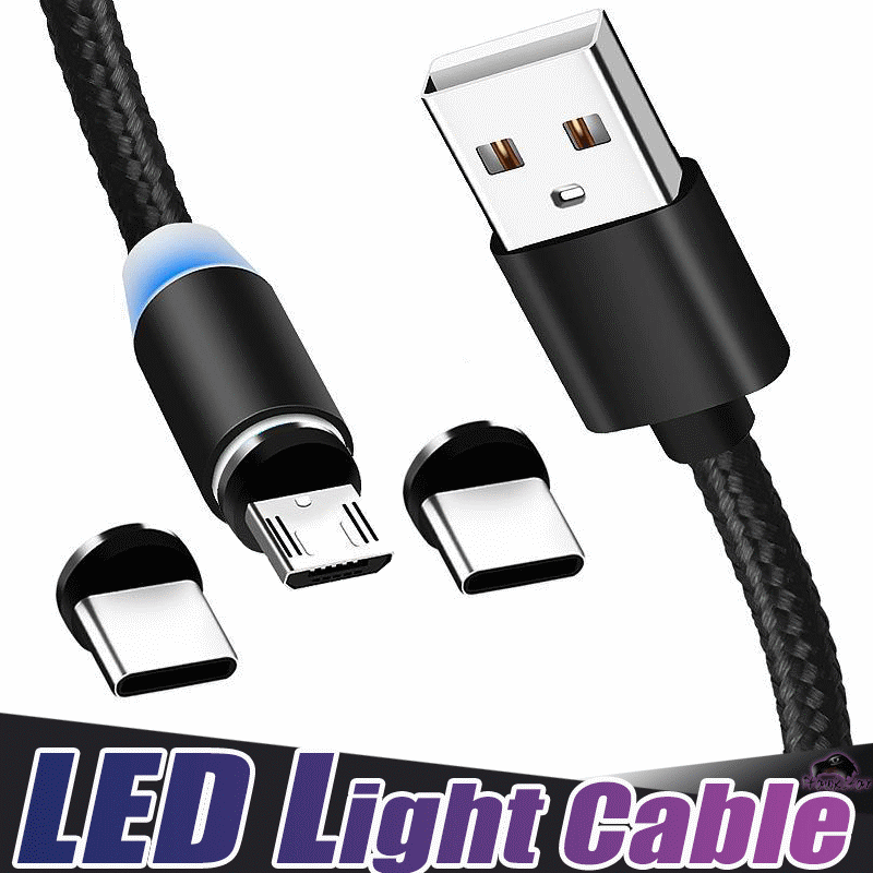 

3 in 1 Magnetic Charger Cable 2A Nylon LED Glowing Cord 1m Micro USB Type C Charging Cables For Mobile Phone, Gold + opp