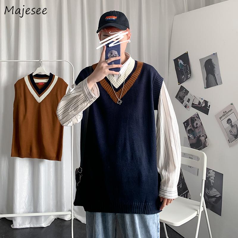 

Men Sweater Vest V-neck Knitted Male Oversize 3XL Loose Casual Preppy Korean Fashion Style Ulzzang All-match Students Daily Date, Brown