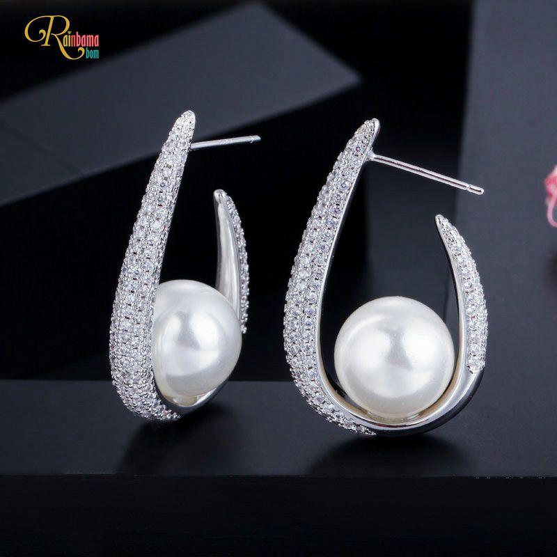 

Hoop & Huggie Rainbamabom Luxury 925 Solid Sterling Silver Pearl Created Moissanite Gemstone Wedding Engagement Fine Jewelry Earrings
