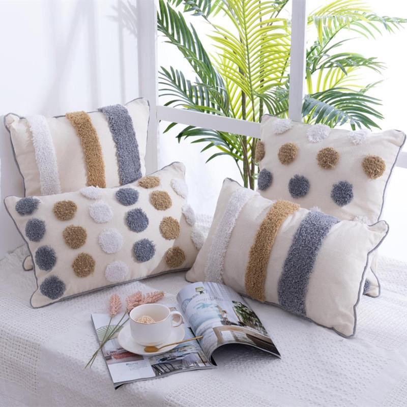 

Beige Ground Handmade Dot Stripe Embroidery Pillow Cover Tassels Home Decor Cushion Cover PillowCase Pillow Sham 30x50cm/45x45cm, Lumber inner pillow