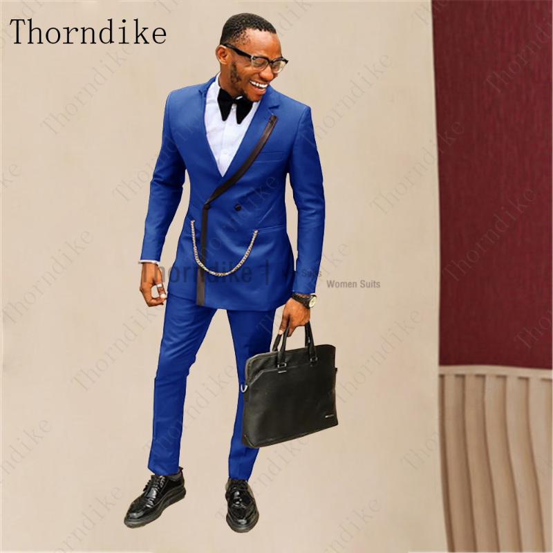 

Thorndike Men Formal Business Royal Blue Suits Single Lapel Double Breasted Slim Fit Suit With Pants Men Wedding Terno Masculino, Black
