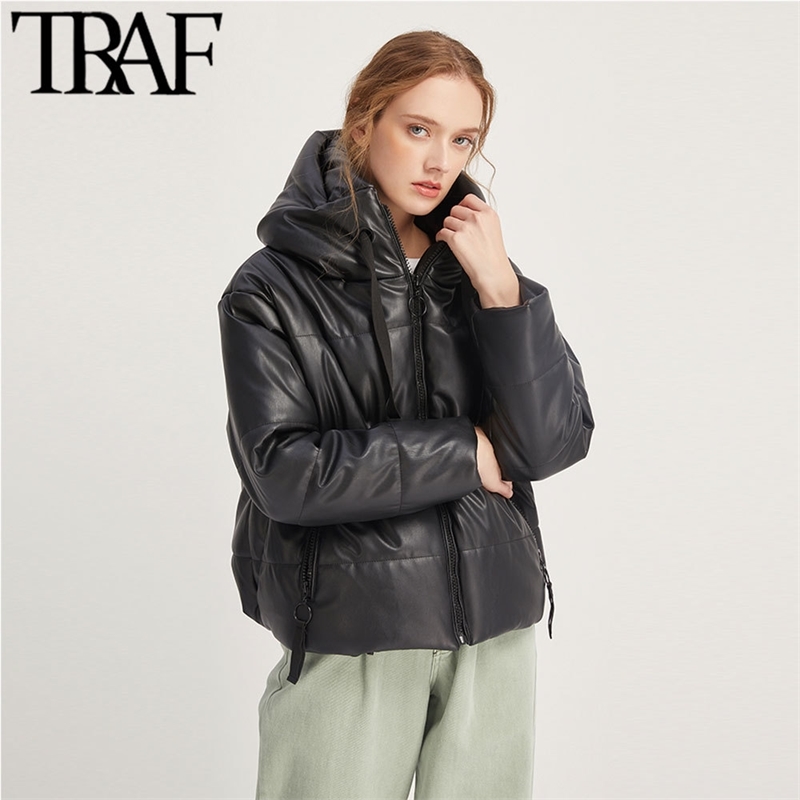 

TRAF Women Vintage Warm Winter Faux Leather Jacket Padded Coat Fashion Long Sleeve Zip Pockets Drawstring PU Outerwear Chic Tops 201124, Xs