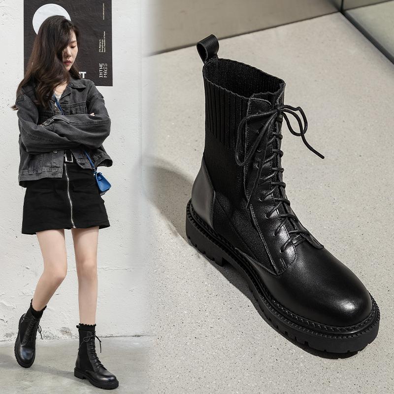 

New Genuine Leather Women Boots Round Toe Lace-Up Ankle Boots for Women Platform Fashion Zipper Handmade Shoes Woman Cross-tied, Black