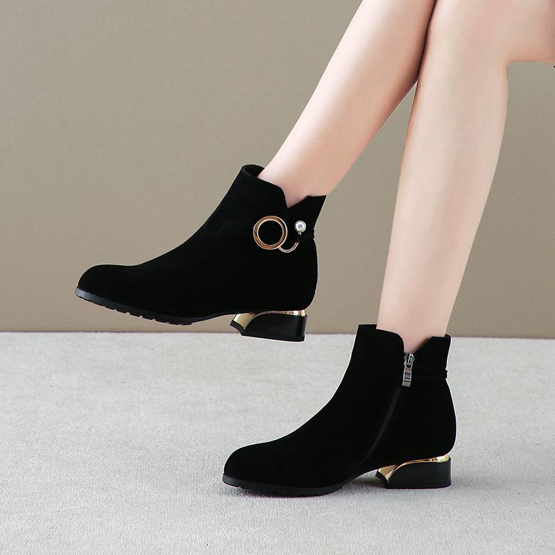 

Women's 2020 Ankle Leather Plus Length Suede Cow Female Shoes Autumn Ladies and Winter Boots Ozko, Black