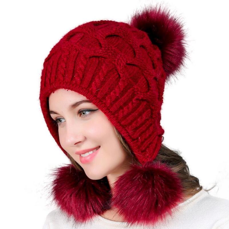 

New Women Hats Autumn Winter Beanies Hat Hair Ball Back Open Knit Hat Double Thick Hats Bonnet Beanie Cap, Wyh-5155-bi