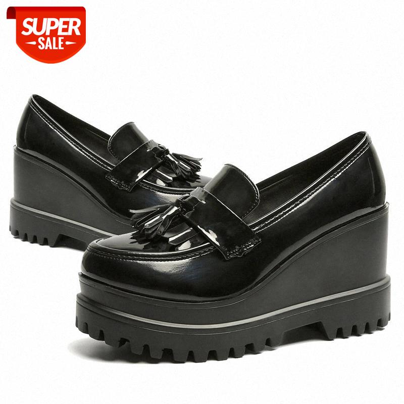 

MCCKLE Autumn Women Creepers Platform Casual High Heels Tassels Female Footwear Patent Leather Wedge Shoes Ladies Slip On Shoe #NA88, Black
