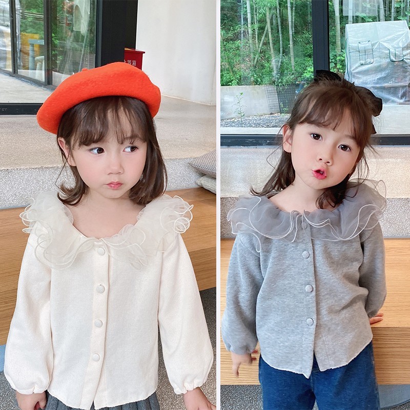

2021 Blouse Autumn New Children Girls Lace Collar Long Sleeve Tops Shirt Cardigan Solid Color Kids Shirts 0a6x