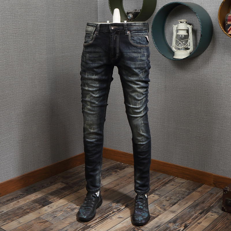 

2021 New Italian Style Fashion Retro Black Blue Slim Fit Scratch Ripped Men Denim Pants Streetwear Vintage Designer Jeans 8aff