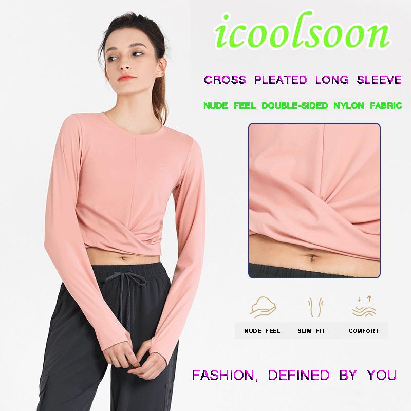 

ICOOLSOON Naked Temperament Fashion Fitness Dress Autumn Winter New training set running yoga female long sleeve crop top shirts, Pink