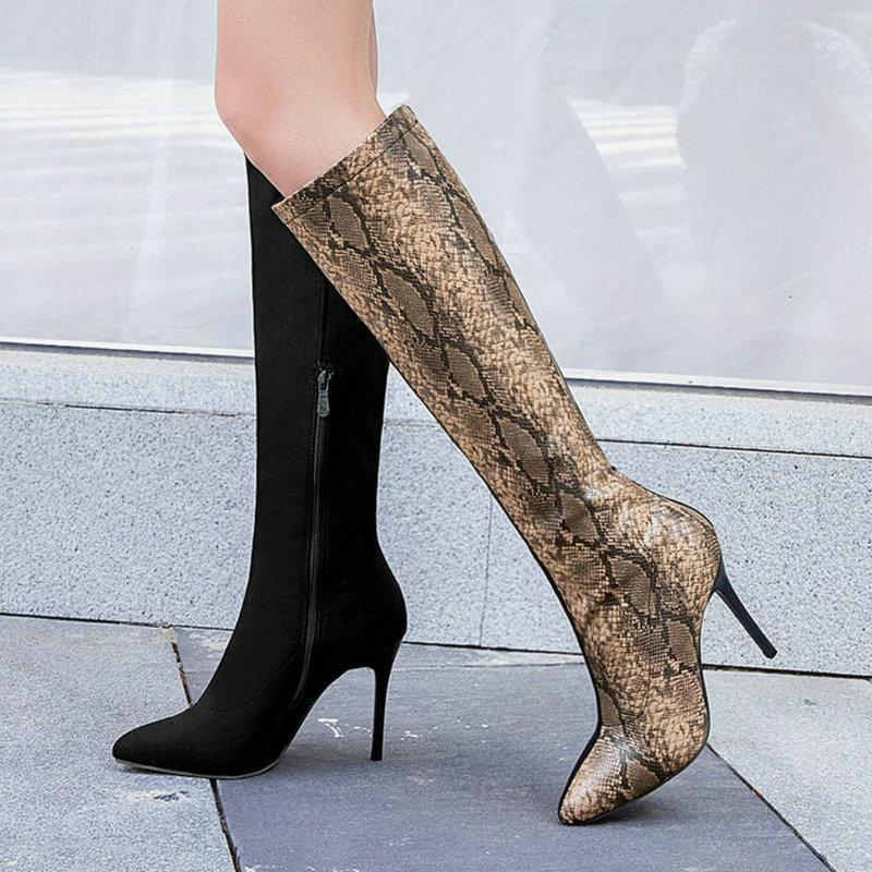 

Fashion Mixed Color Women Knee High Boots Thin High Heel Pointed Toe Ladies Boots Snake Print PU leather women shoes big size 451, Black