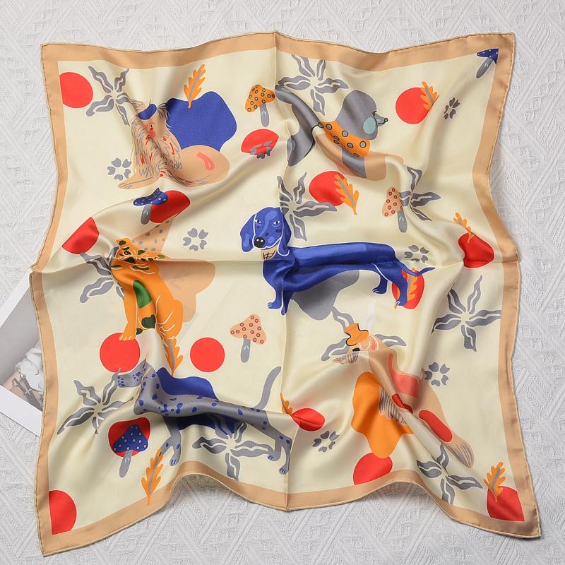 

Scarves 70cm Fashion Design 100% Silk Scarf Hand Rolled Edges Cartoon Dogs Square Shawl Brand Hijab Bandana Kerchief For Ladies, Blue;gray
