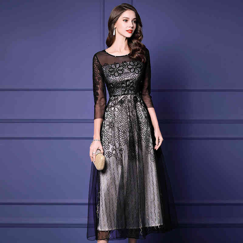 

Casual Dresses Zhili heavy industry embroidery Beaded long skirt formal occasion black mesh A-line dress FTVD
