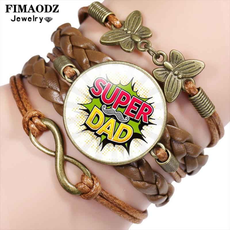 

Charm Bracelets FIMAODZ Super Dad Bracelet I Love My Glass Time Gem Handmade Infinity Leather Men Wristband Father's Day Gift