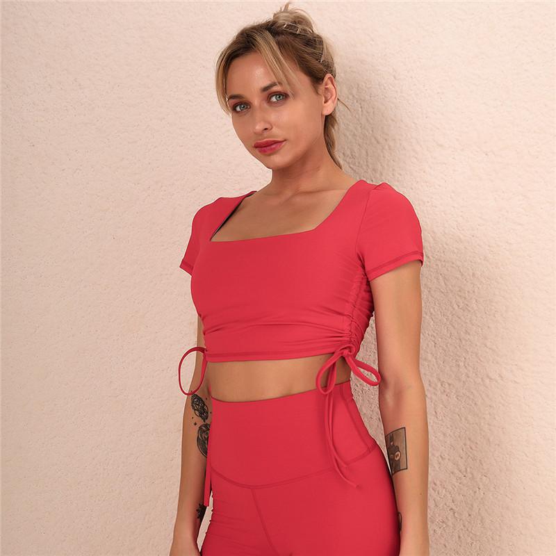 

Fitness Shirts For Women Drawstring Gym Sports Shirts Short Sleeve Training Yoga Crop Tops Workout Yoga Fitness Clothing, Red