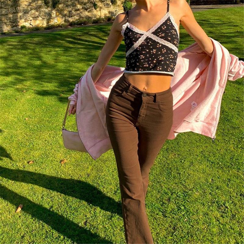 

2020 Women' Trousers Loose Pants High Waisted Stretch Flared Pants Vintage Solid Color Jeans leisure for Female, Vintage brown