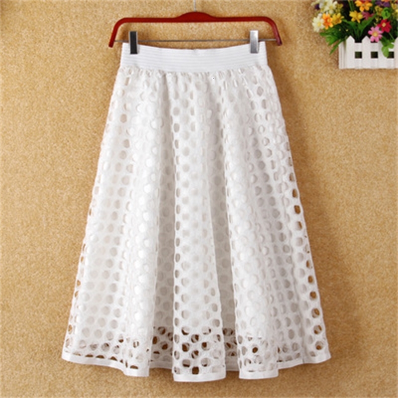 

2021 New Summer Vintage Casual Party Hollow Out Lace Skirts Womens Jupe Femme Tutu Skater Elegant High Waist Midi Ball Gown Skirt Vt1e, Black