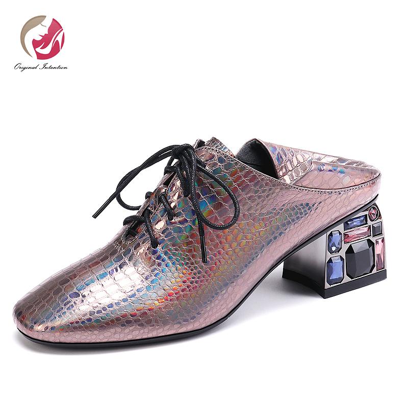 

Original Intention Lace-up Iridescence Genuine Leather Shoes Woman Black Colorful Crystal Chunky Heels Square Heel Square Toe, Ef7678 black