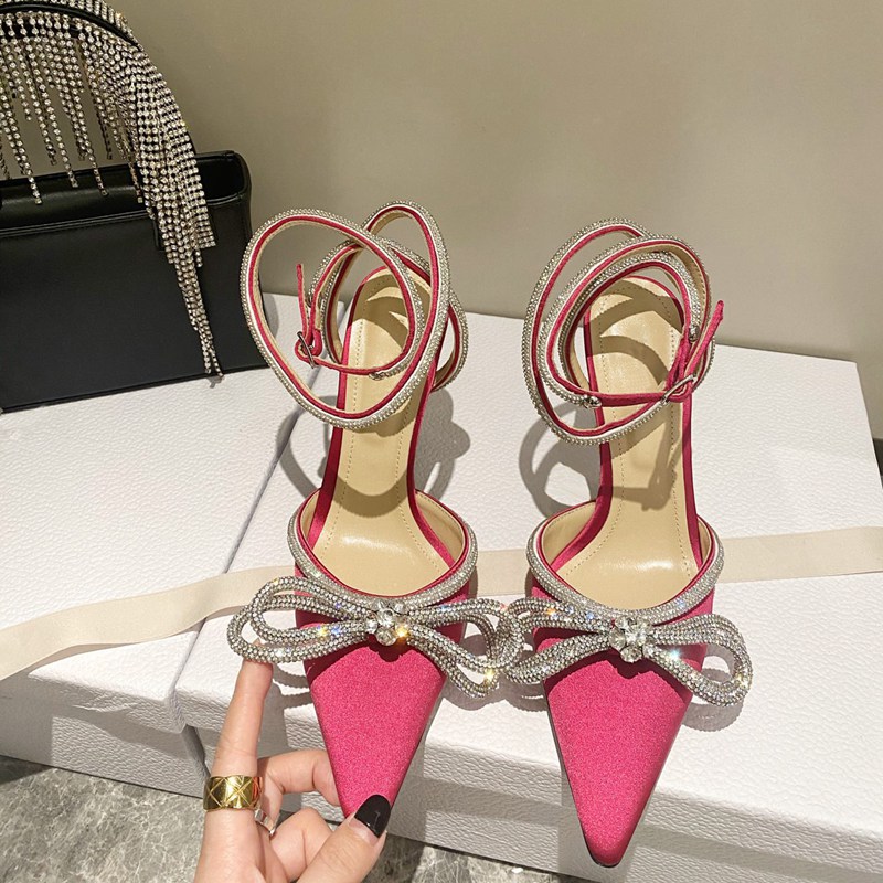 

2021 Top Quality Woman High Heels Dress Shoes Party Fashion Satin Bowtie Diamond Girls Sexy Pointed Toe Shoes Designer Pumps Wedding Shoes, Fuchsia