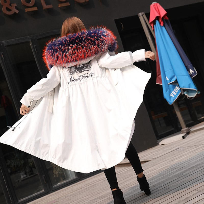 

Real Women Removable Mink Fur Coat Embroidered Jacket with Hood Parka Long Section Raccoon Skin Collar Female 2gsd, Khaki.
