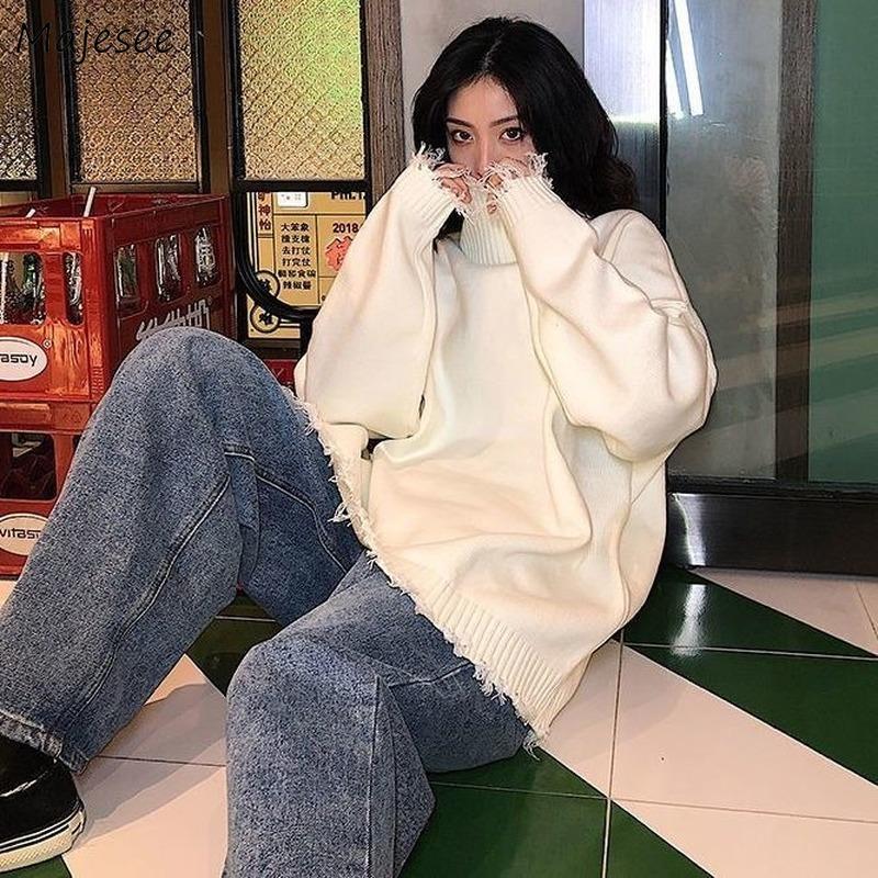 

Women Pullover Plus Size 3XL Turtleneck Oversize Vintage Ulzzang Knitted Drop Shoulder Leisure Korean Streetwear Sweaters New, White