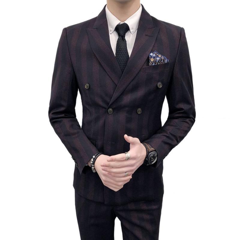 

New Male Suit 3 Pieces Set Double Breasted Wedding Groom Stripe Blazers Pants Vest Men Wedding Jacket Coat Trousers Hot Sell, Blue