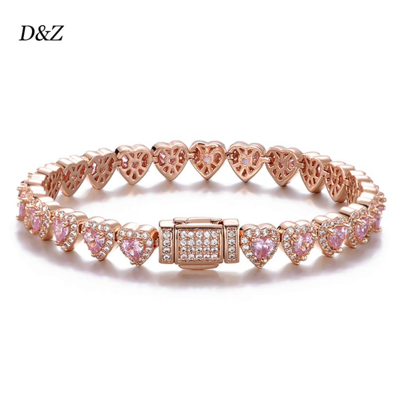 

D&Z 7mm Heart Shape Tennis Bracelet In Rose Gold Iced Out CZ Stones Female Fashion Statement Jewelry Birthday Gift