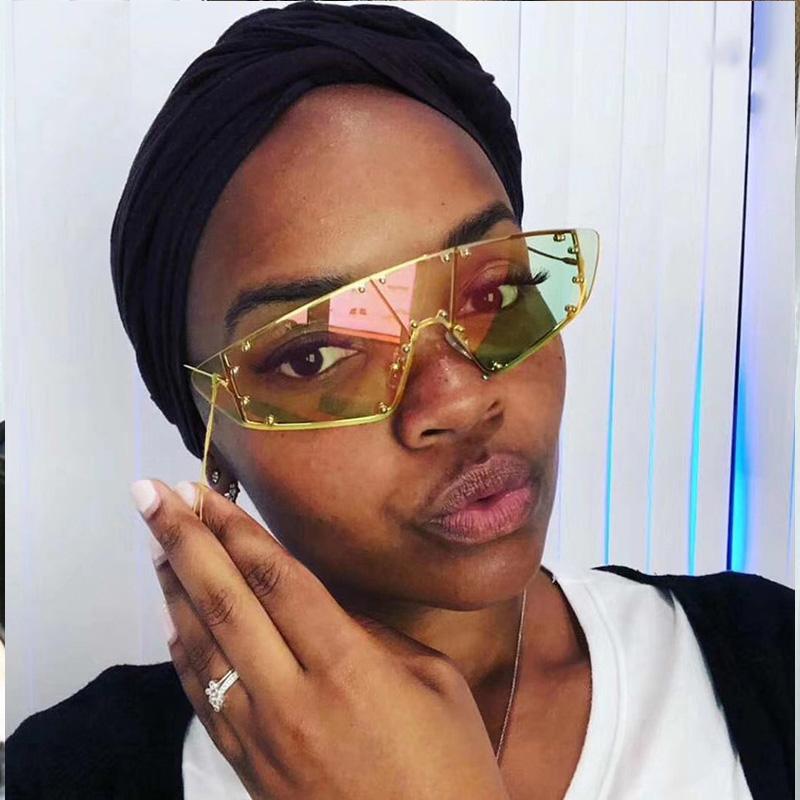 

Fashion Rivet Cat Eye Sunglasses Women Luxury One Piece Irregular Mirror Purple Pink Colorful Glasses Men Women Vintage Eyewear