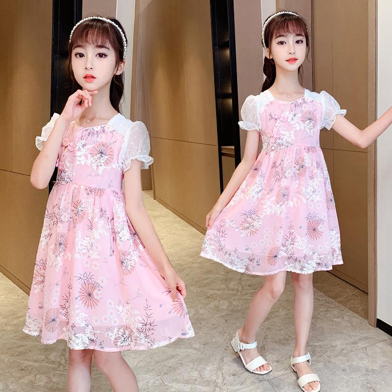 

Girl's Dresses Teenage Kids Clothes Girls Light Summer Pink Cute Dress Chinese Chiffon Retro Floral Princess Wedding 8 10 12 Year, Red;yellow