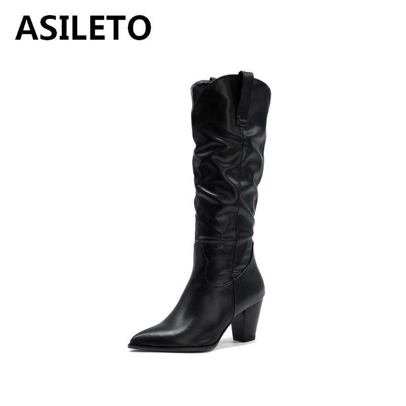 

ASILETO Winter Knee-high Boots Pointed Toe Chunky Heels PU Slip-on Solid Pleated Big Size 34-48 Black White Red Casual A3162