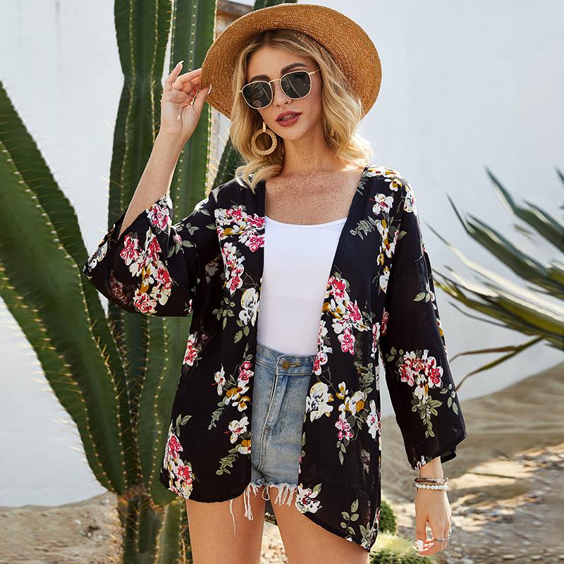 

Women Kimono Cardigan Cover Up Colorful Floral Leaves Print Open Front Wide Sleeves Oversized Casual Summer Beach Bikini Kimono, Black