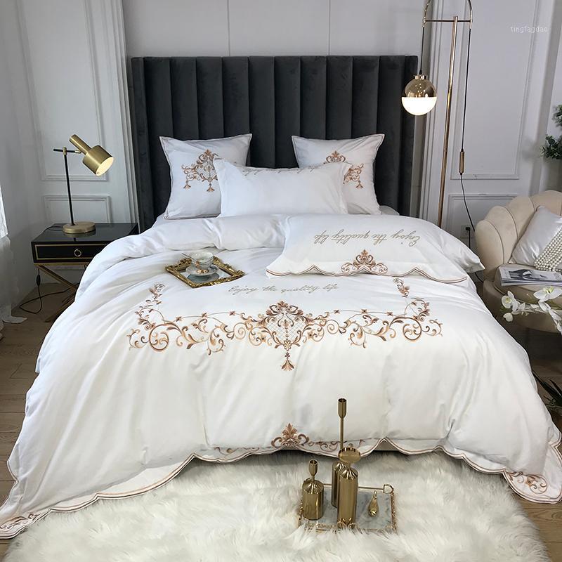 

White European Elegant Cotton Sanding Embroidery Bedding Set Duvet Cover Bed Linen Fitted Sheet Pillowcases Bedclothes 4PCS1