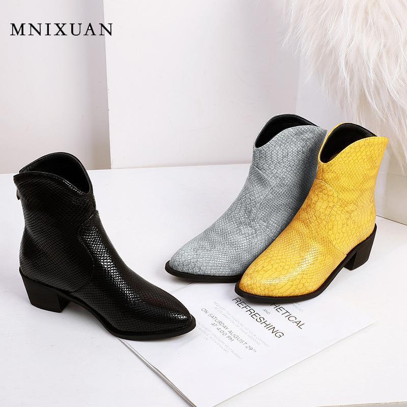 

MNIXUAN Fashion boots 2020 pointed toe Spring Autumn Square High Heels Ankle Boots Snake Print Block Heel zipper yellow1, Black